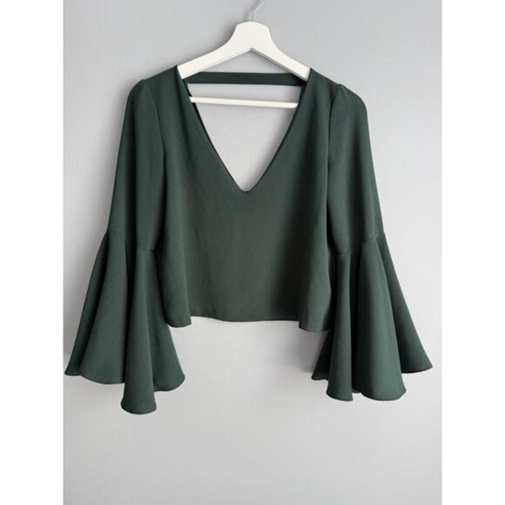 ZARA Dark Green Bell Sleeve Crop Top V Neck Boho Minimalist Blouse Size S Chic
